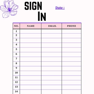 Simple Sign-In Sheet, Customer Info Sheet, Employee Sign-In Sheet, Sign-In Form, Minimalist Sign-In Sheet, Daily Sign-In Sheet, School Sheet