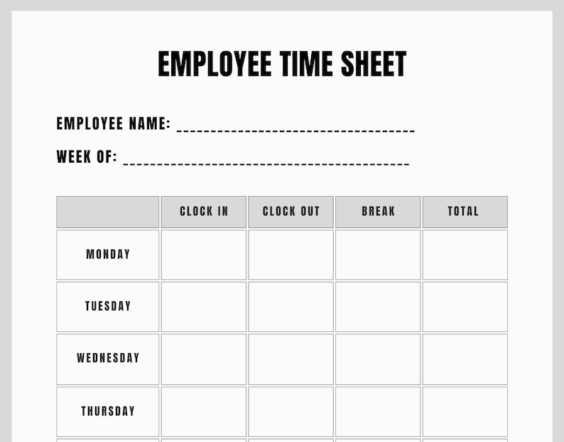 Printable Employee Timesheet, Printable Timecard, Work Schedule Tracker