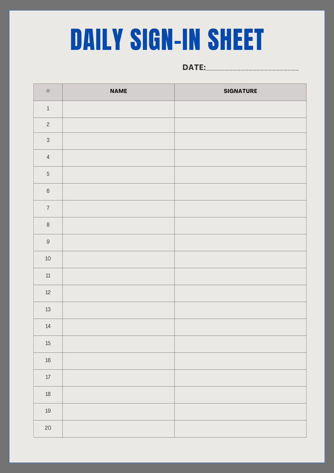 Gray and Blue Sign-in Sheet Customer Info Sheet Employee - Etsy
