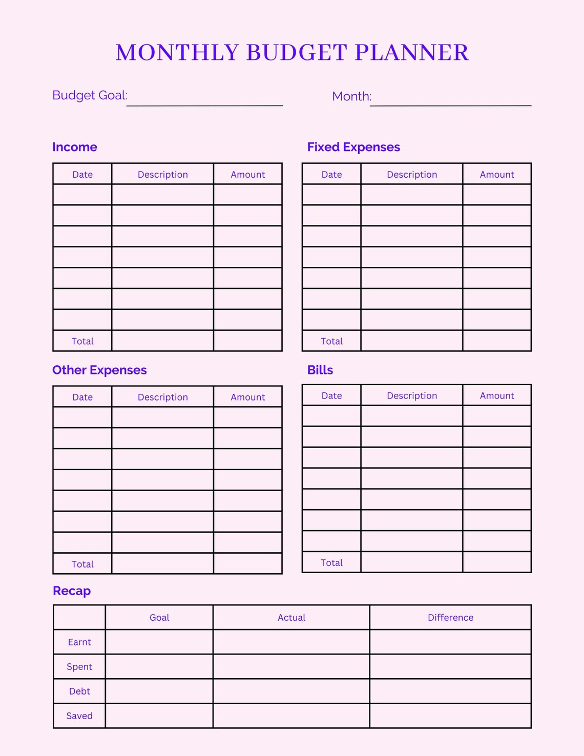 Simple Monthly Budget, Printable Digital Download, Pretty Buget Planner ...