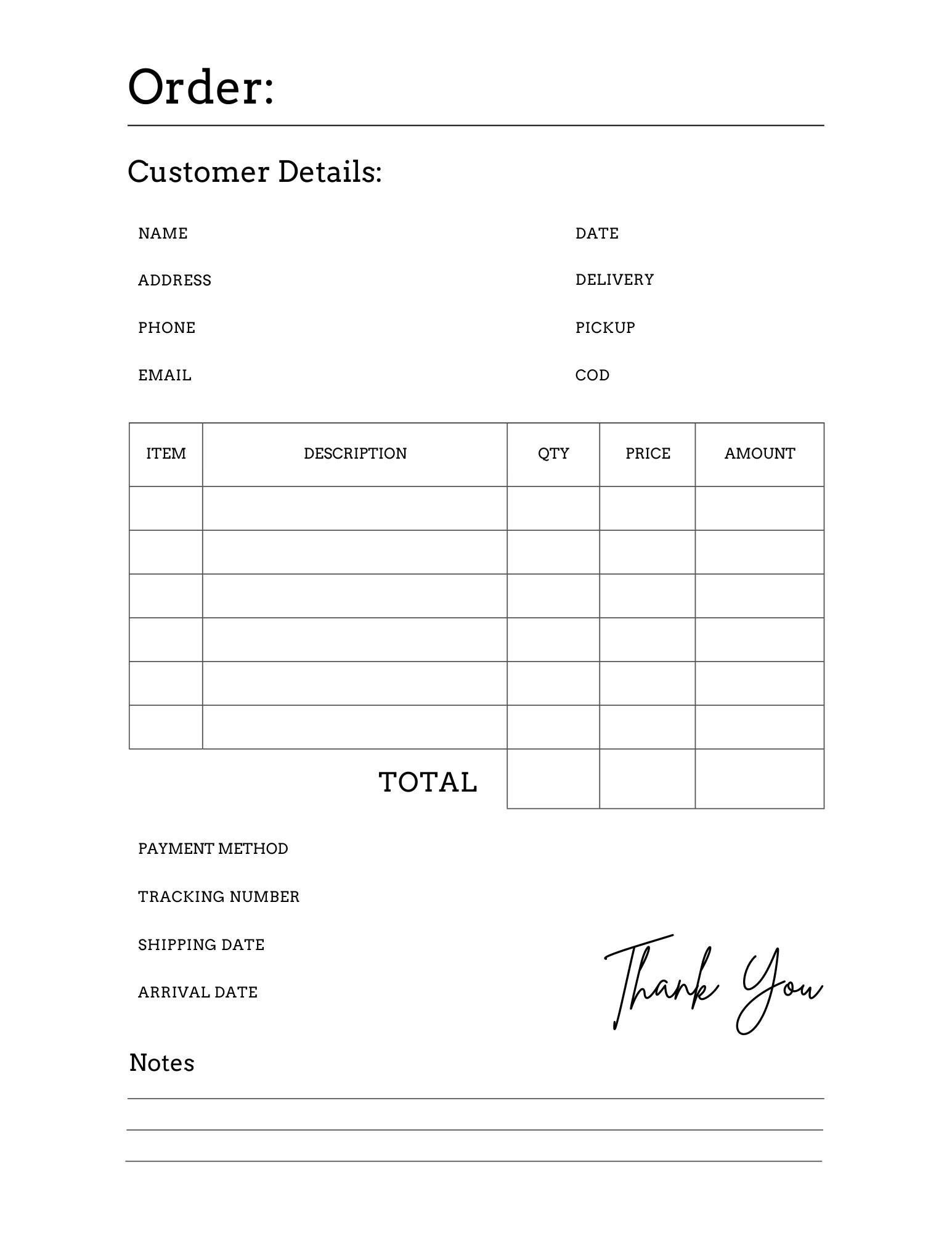 Simple Business Invoice Template: Printable Order Form (Instant Download)