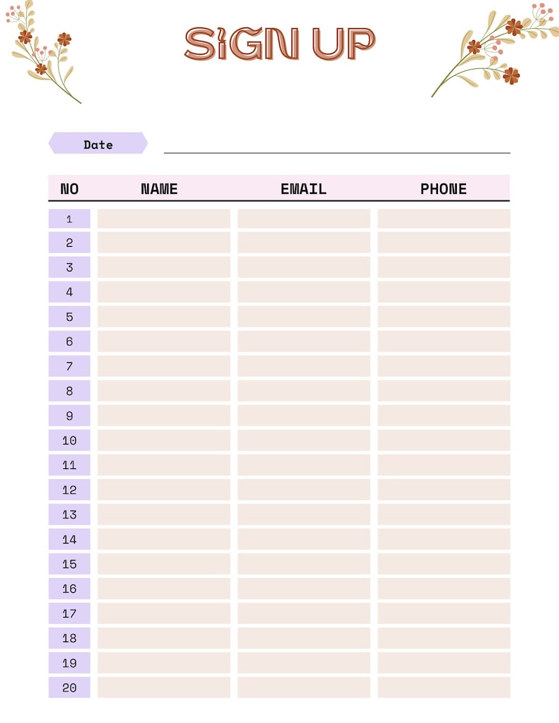 Elegant Sign-up Sheet, Customer Info Sheet, Employee Sign-up Sheet ...