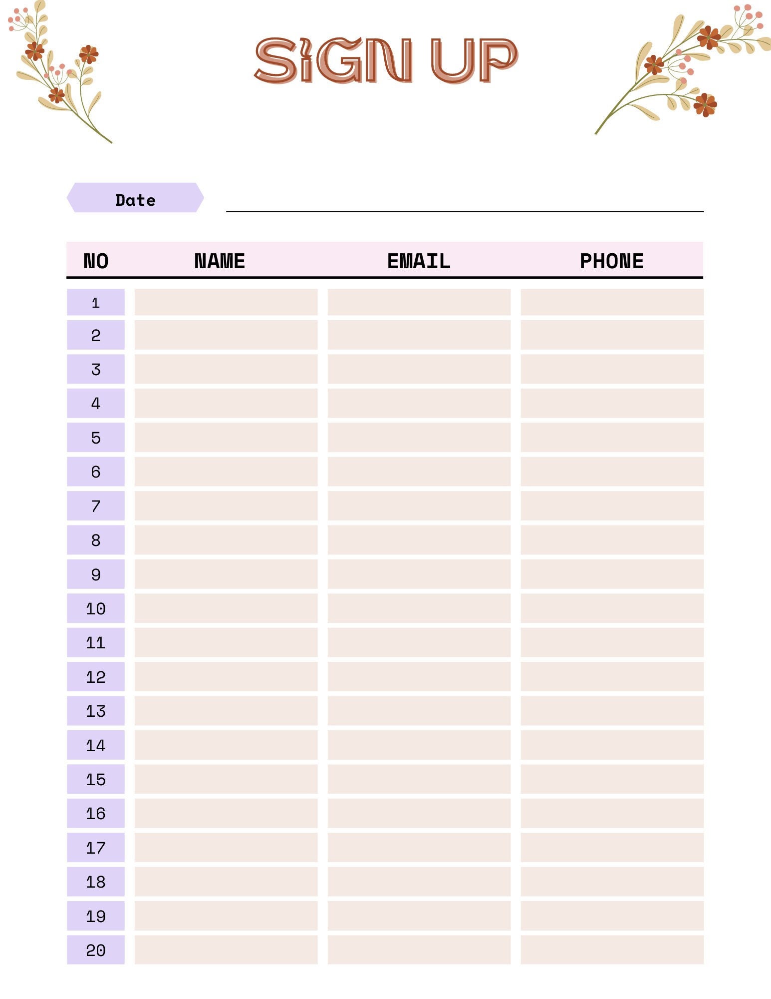 Elegant Sign-up Sheet, Customer Info Sheet, Employee Sign-up Sheet