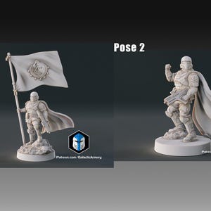 May include: Two poses of a white plastic miniature figure of a person wearing armor and a cape, holding a weapon and a flag. The figure is standing on a round base. The text "Patreon.com/GalacticArmory" is printed on the base.
