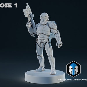 May include: A white 3D printed miniature of a futuristic soldier holding a weapon. The soldier is wearing armor and a helmet. The miniature is standing on a round base. The text "POSE 1" is visible in the top left corner of the image.