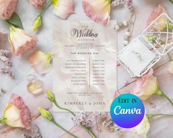 Wedding Itinerary Template Edit in Canva | Download Modern Minimalist Wedding Timeline | Wedding Schedule | Editable Printable Template