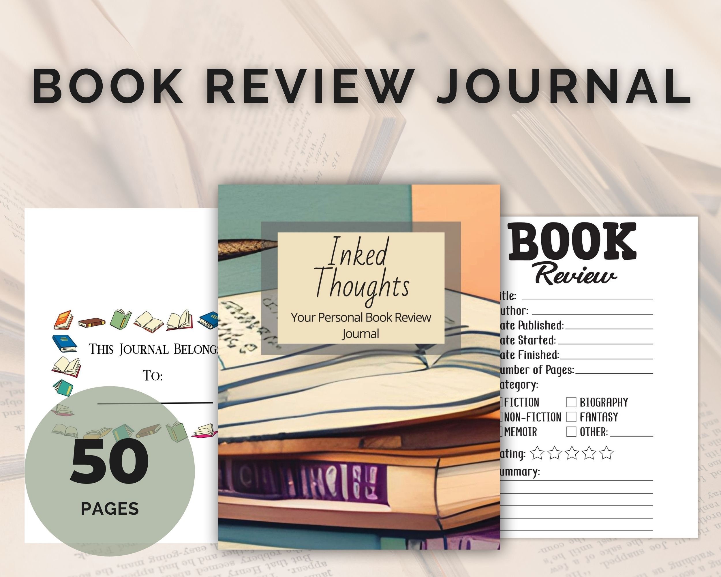 Inked Thoughts: Your Personal Book Review Journal With 50 Pages 8.5x11  Digital Download Reading Log Review Favourite Books 