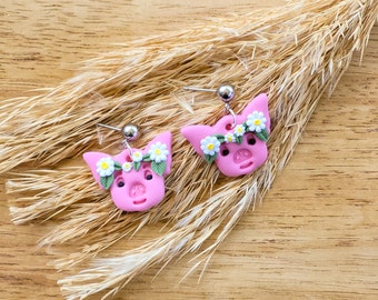 Pink Piggy Polymer Clay Earrings, pig love Earrings, pink pig earrings