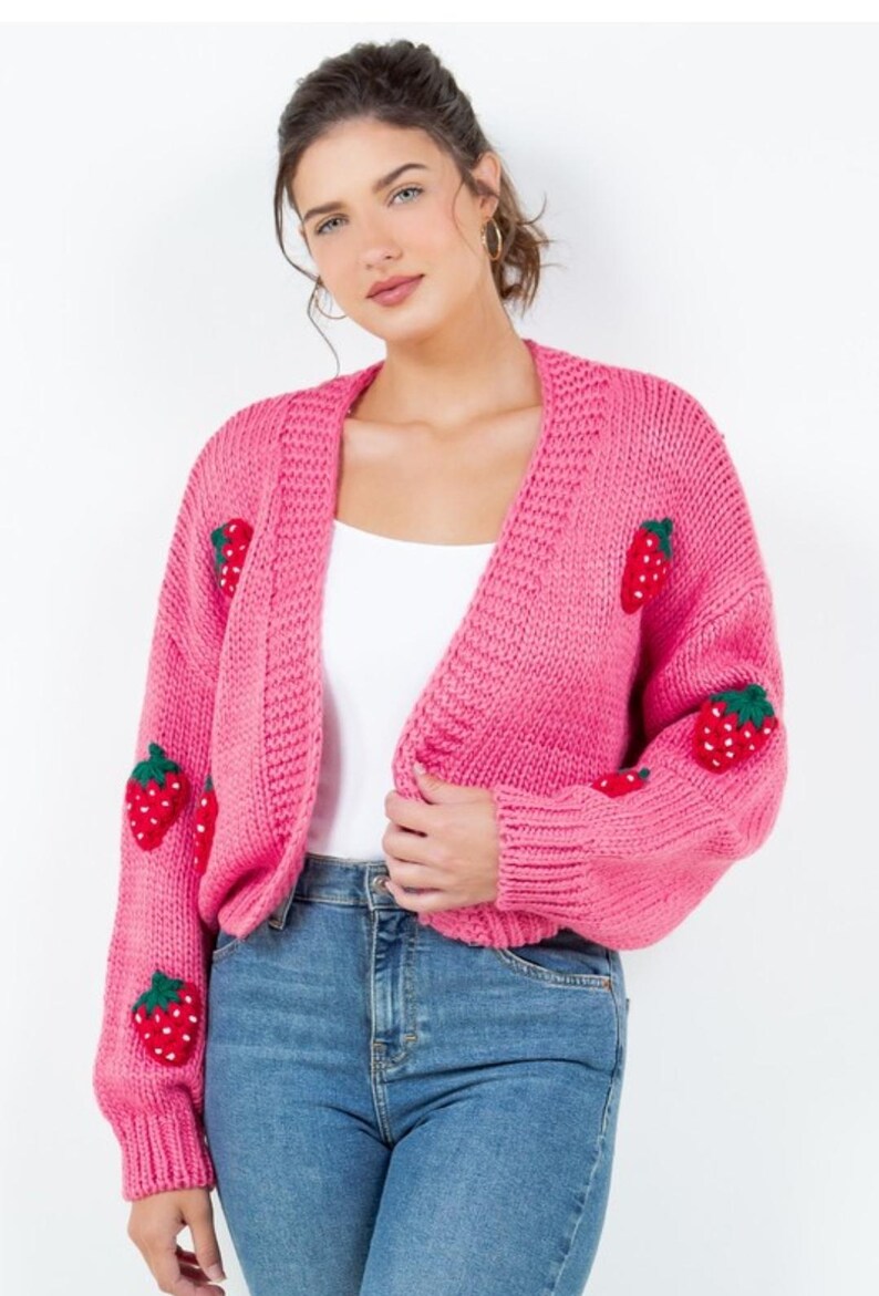 Pink Casual Strawberry Pattern Knit Cardigan main image 0