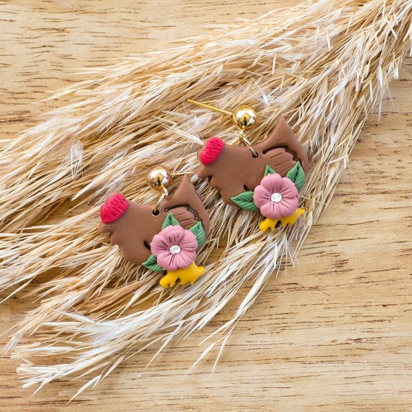 Chicken Polymer Clay Earrings, Chicken dangle earrings, farm animal earrings, chicken lover earrings, Hen earrings