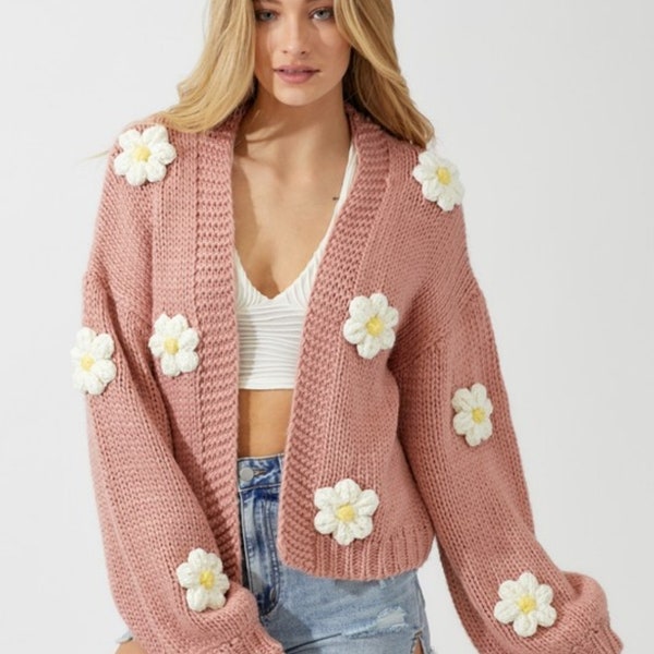 Dusty Rose Pink Chunky Cardigan, Crochet Women's Cardigan, knitted Daisy, Bubble Sleeve Detail, Chunky Daisy Crochet Cardigan,