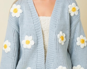 Powder Blue Chunky Daisy Sweater, Daisy Knitted Cardigan, Bubble Sleeve Cardigan, Floral Daisy Drop Sleeve Cardigan