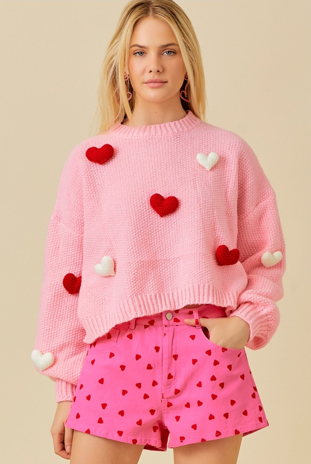 3D Heart Crochet Long Bubble Sleeve Sweater, Women's Heart Sweater