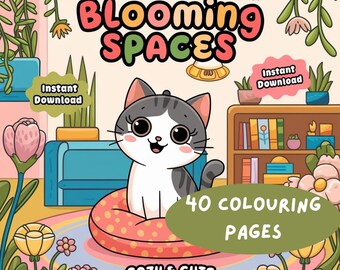 May include: A coloring book cover featuring a cute cartoon cat sitting on a pink and white polka dot cushion. The cover has the title "Blooming Spaces" and the text "40 Coloring Pages" in a white circle. The text "Cozy & Cute" and "@PrintDigitalbyFa" are also included.