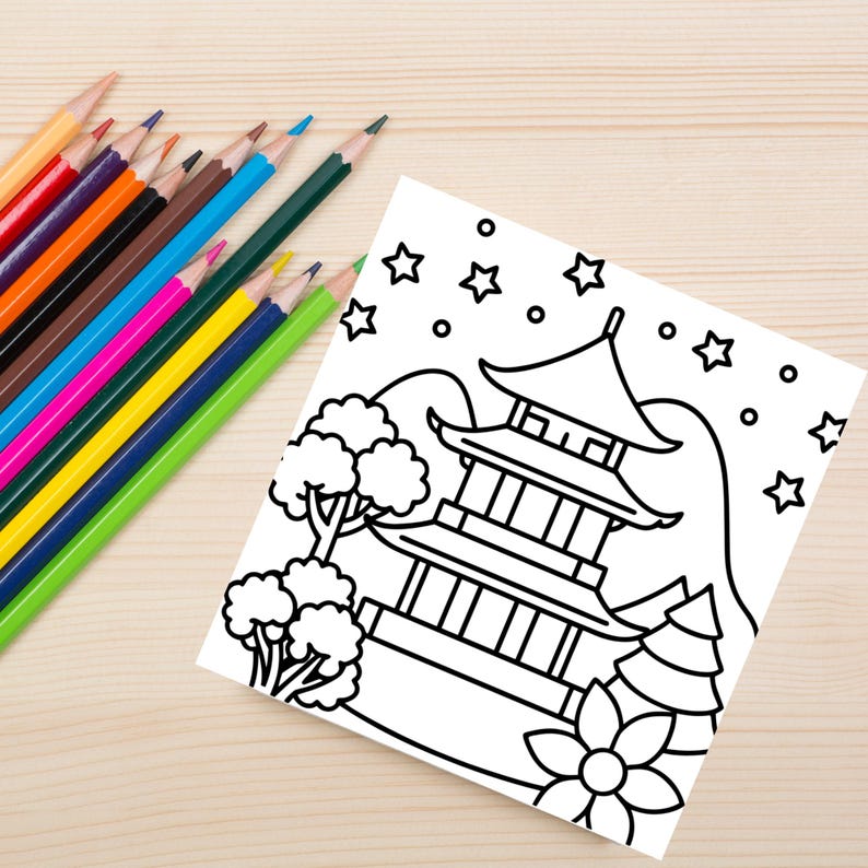 A peaceful Japanese landscape with starry sky and temple—ideal for calming evening color sessions. This final example is great for product listing thumbnails and Pinterest pins.