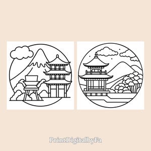 This preview features two coloring pages with iconic pagodas nestled in peaceful landscapes. Crisp linework highlights Mount Fuji and stylized trees—ideal for both beginner and intermediate coloring fans.