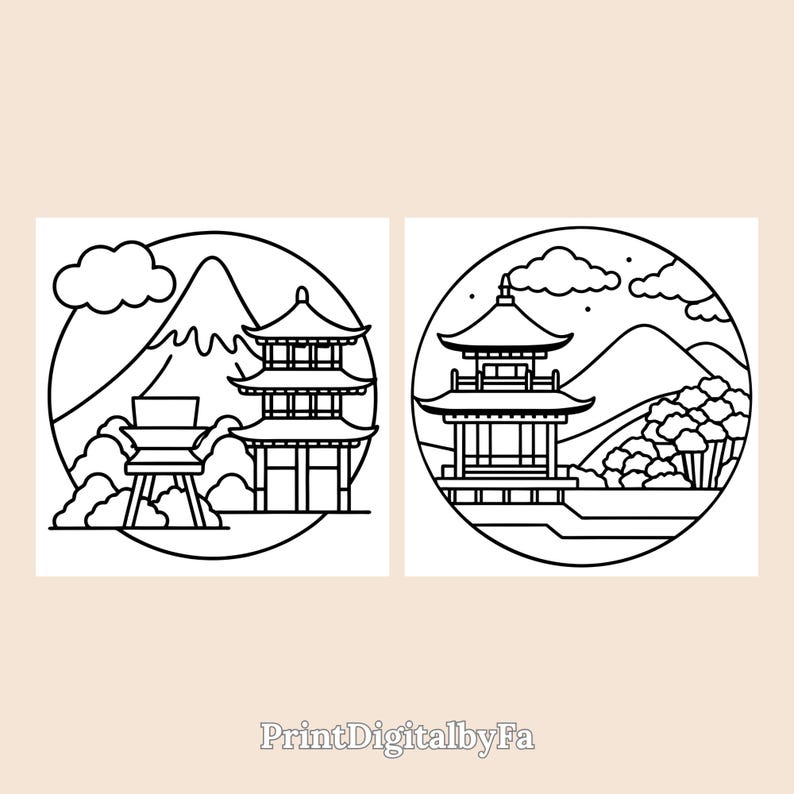 This preview features two coloring pages with iconic pagodas nestled in peaceful landscapes. Crisp linework highlights Mount Fuji and stylized trees—ideal for both beginner and intermediate coloring fans.