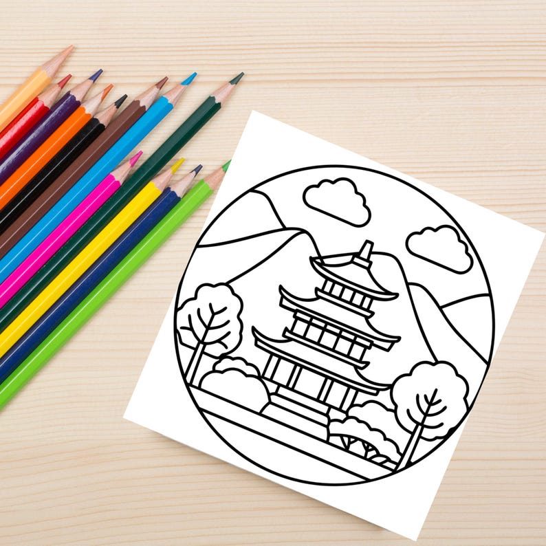 This pagoda page, surrounded by hilly terrain and trees, is perfect for nature and architecture lovers. The sharp black outlines stand out, ready for bold coloring creativity.