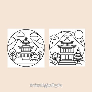 Showcasing two charming temples framed by sakura blossoms and mountain silhouettes. The floral and architectural details invite creativity, making this image perfect for highlighting relaxing coloring moments.