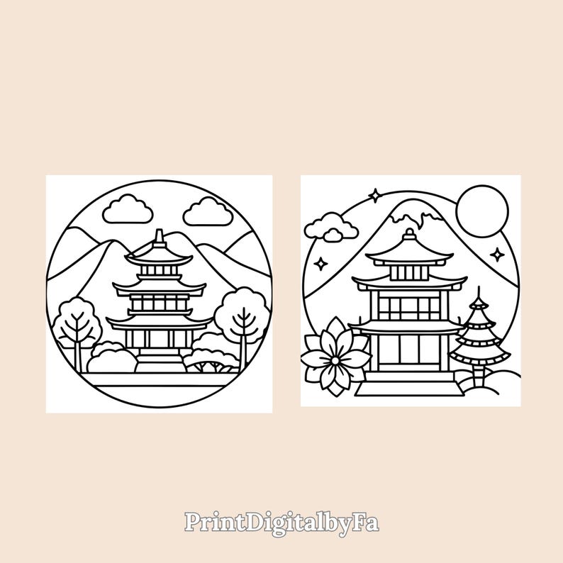 Showcasing two charming temples framed by sakura blossoms and mountain silhouettes. The floral and architectural details invite creativity, making this image perfect for highlighting relaxing coloring moments.