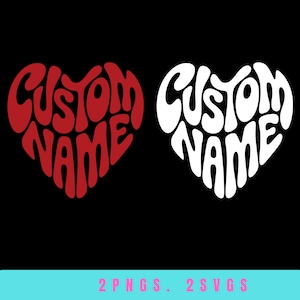 May include: Two heart-shaped designs with the text "CUSTOM NAME" in a retro font. One heart is red, the other is white, both against a black background. The bottom of the image includes the text "2 PNGS. 2 SVGS".