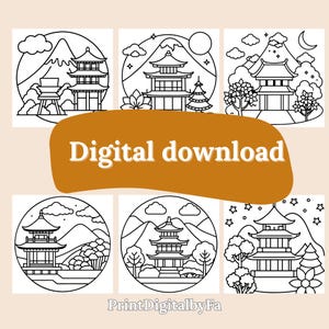 A clean, clear label image reiterating that the product is a digital download. Surrounded by the six unique cozy Japan illustrations, this image reinforces the instant, printable nature of your offering.