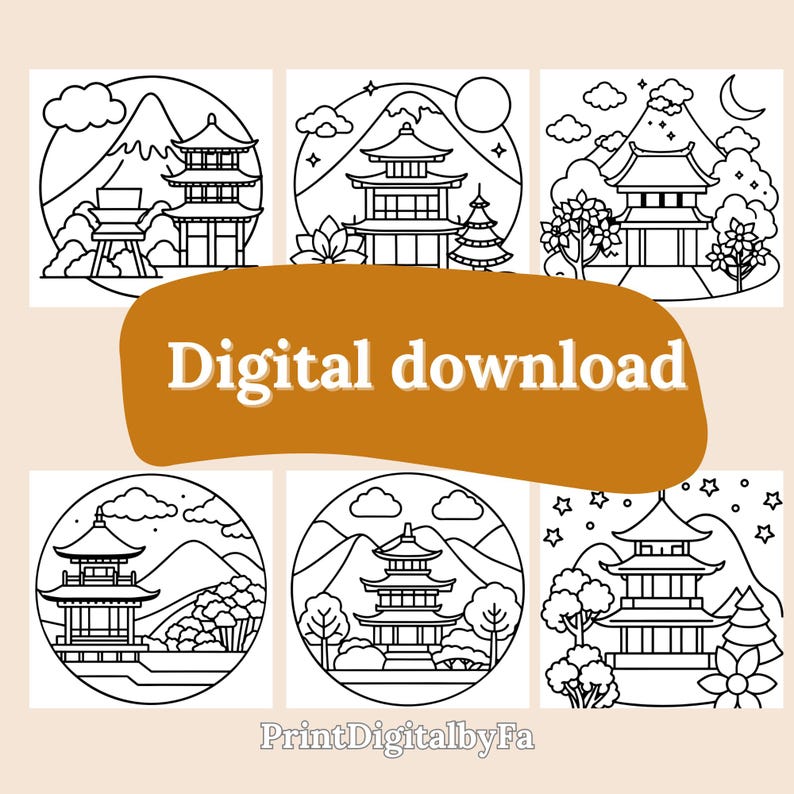 A clean, clear label image reiterating that the product is a digital download. Surrounded by the six unique cozy Japan illustrations, this image reinforces the instant, printable nature of your offering.