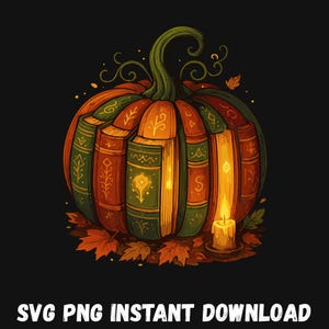 Puede incluir: Ilustración de una calabaza hecha de libros, con un tallo verde y hojas de otoño. Los libros son naranjas, verdes y amarillos, con detalles decorativos. Una vela encendida está delante. El texto en la parte inferior dice "SVG PNG INSTANT DOWNLOAD."