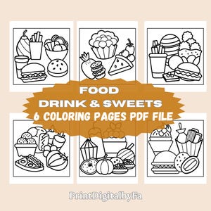 6 Food, Drink & Sweets Printable Coloring Pages | Instant Download PDF | Relaxation Adult Coloring Book with Fruits, Desserts  Beverages
