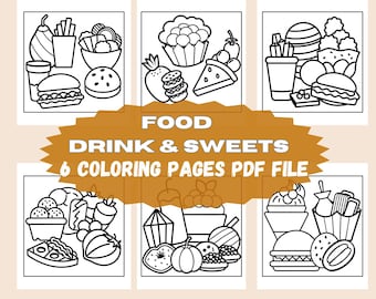 May include: Six black and white coloring pages featuring various food and drink items, including a hamburger, pizza, ice cream, and a glass of juice. The text "FOOD DRINK & SWEETS 6 COLORING PAGES PDF FILE" is at the top of the image.