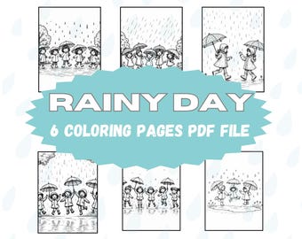 Rainy Day Coloring Pages: Kids Jumping Puddles (PDF Pattern)