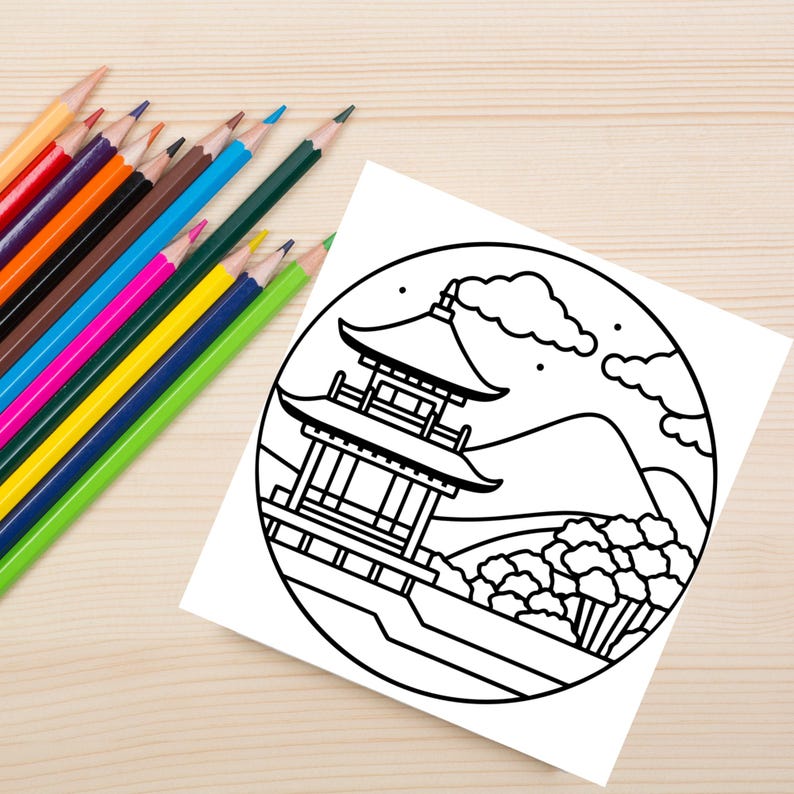 The crescent moon and cloud-filled sky give this composition a dreamy night vibe. Presented on a wooden desk with colored pencils, this image inspires cozy nighttime coloring fun.