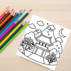 Another real-life styled mockup featuring the cherry blossom and pagoda page. Great for illustrating the product’s quality and usability in classroom, homeschool, or craft table settings.