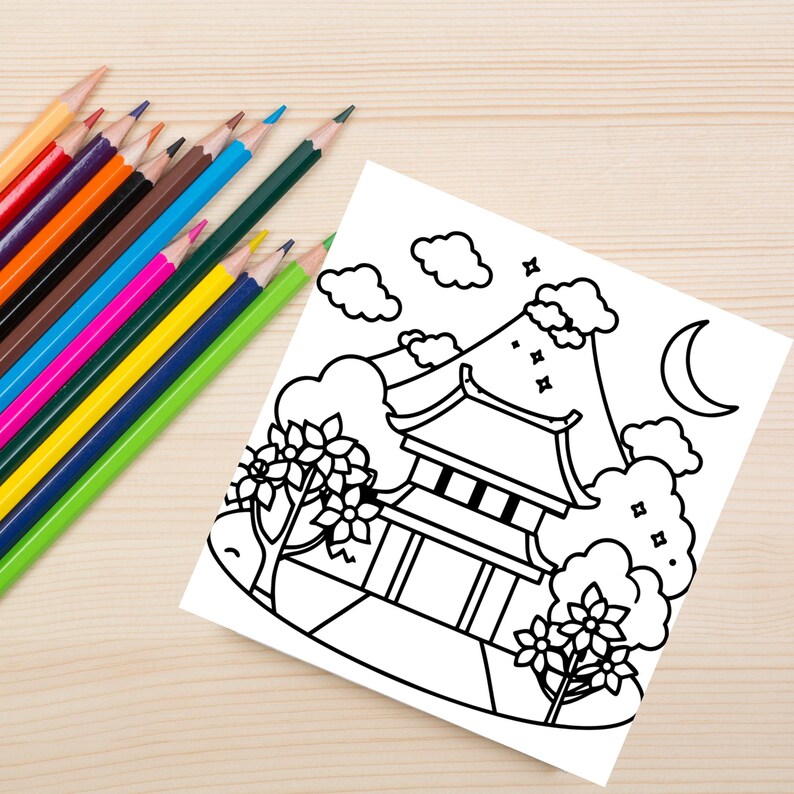 Another real-life styled mockup featuring the cherry blossom and pagoda page. Great for illustrating the product’s quality and usability in classroom, homeschool, or craft table settings.