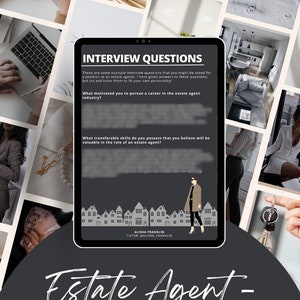 May include: A digital tablet screen displaying interview questions for an estate agent. The text on the screen reads "Interview Questions" and includes two questions: "What motivated you to pursue a career in the estate agent industry?" and "What transferable skills do you possess that you believe will be valuable in the role of an estate agent?" The screen also includes the text "Alisha Franklin" and "TikTok: @Alisha Franklin". The tablet is surrounded by a collage of images, including a key, a house, and a person.