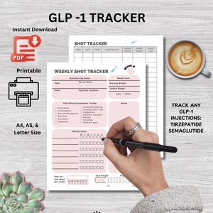 GLP-1 injectietracker | Wekelijks logboek tirzepatide | Semaglutidegrafiek | Gewichtsverliestracker | Afdrukbaar opnamelogboek | Wegovy, Ozempic, Mounjaro