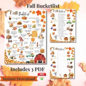 May include: Printable Fall Bucket List with three pages. The first page has a checklist of fall activities with watercolor illustrations. The second page is a blank checklist with fall illustrations. The third page is a blank checklist with fall illustrations. The text "Fall Bucket List" is at the top of each page.