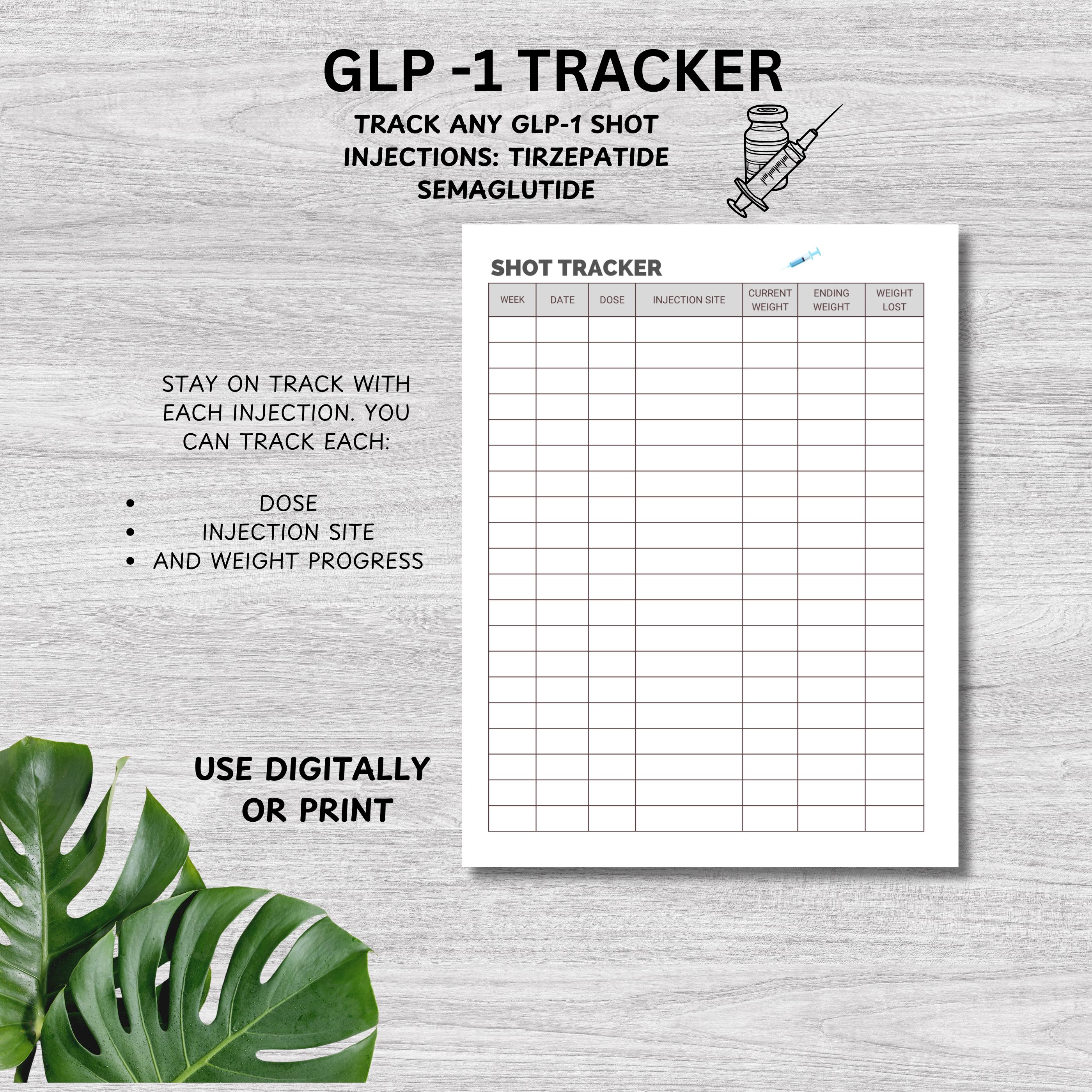 Daily Weight Loss | GLP-1 Injection Tracker | Tirzepatide Weekly Log ...