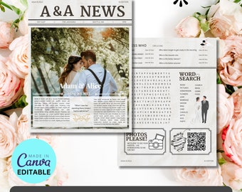 May include: A wedding newspaper template with a black and white design. The template features a photo of a couple, a word search puzzle, and a section for photos. The text on the template includes the words "A&A News", "Adam & Alice", "How We Met", "Word Search", "Photos Please", and "Everyday Ego".