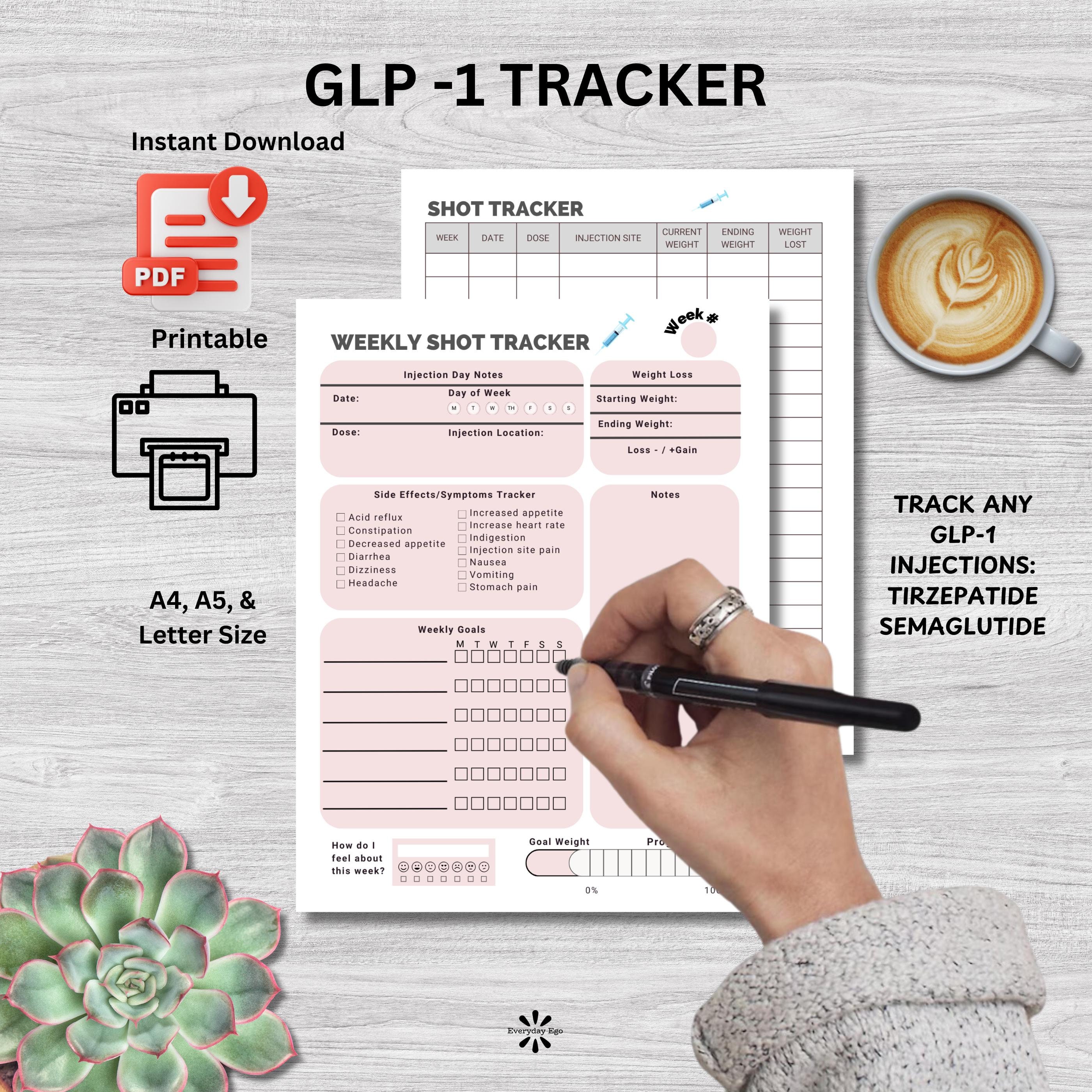 GLP-1 Injection Tracker | Tirzepatide Weekly Log | Semaglutide Chart | Weight loss Tracker | Printable  Shot Log | Wegovy, Ozempic, Mounjaro