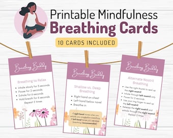 Può includere: Carte di respirazione mindfulness stampabili con sfondo rosa e design floreale. Le carte presentano istruzioni per diversi esercizi di respirazione, come la respirazione per rilassarsi, la respirazione superficiale vs. profonda e la respirazione alternata delle narici.