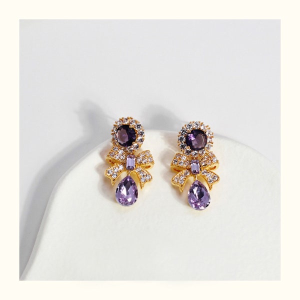 Clip On Elegant Purple Bow Diamond Drop Earrings | Pain Free for Non Pierced Ears | Kids Friendly Coil Pad Design | Chandelier Earrings Gift