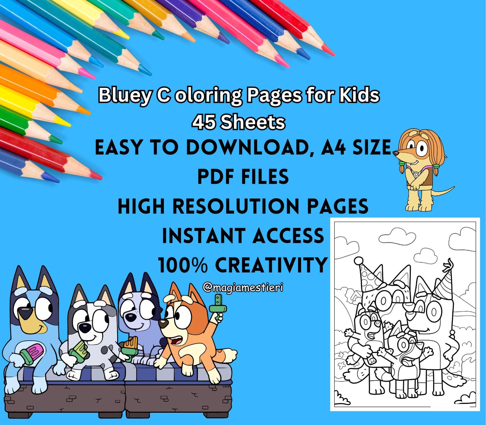 Bluey Coloring Pages, 46 Sheets, Bluey Dog Coloring Book for Kids
