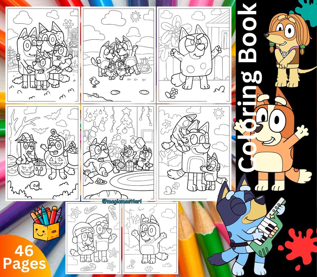 Bluey Coloring Pages, 46 Sheets, Bluey Dog Coloring Book for Kids ...