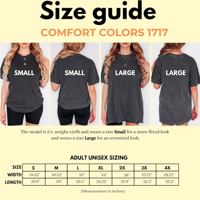 K&ouml;nnte beinhalten: Gr&ouml;&szlig;entabelle f&uuml;r Unisex-T-Shirts von Comfort Colors, Modell 1717. Die Tabelle zeigt die Ma&szlig;e in Zoll f&uuml;r die Gr&ouml;&szlig;en S, M, L, XL, 2X, 3X und 4X. Die Breite wird &uuml;ber die Brust gemessen und die L&auml;nge wird von der Schulterspitze bis zum Saum gemessen.