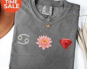 Cancer Zodiac Shirt: Water Lily & Ruby Birthstone - July Birthday Gift