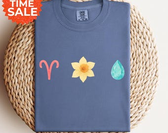 Aries Zodiac Shirt: Daffodil, Aquamarine, March Birthday Tee