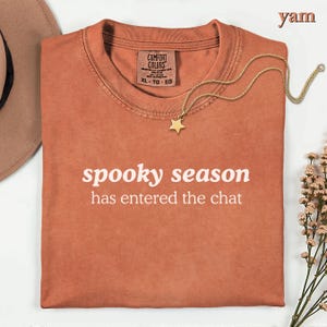 May include: A terracotta-colored t-shirt featuring the white text "spooky season has entered the chat" printed on the front. The shirt has a crew neckline and a Comfort Colors label inside the collar. A gold-toned star pendant necklace is placed on top.
