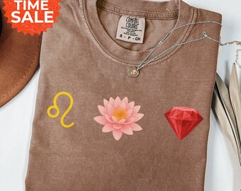 Leo Zodiac Shirt: Water Lily & Ruby Birthstone - July Birthday Gift