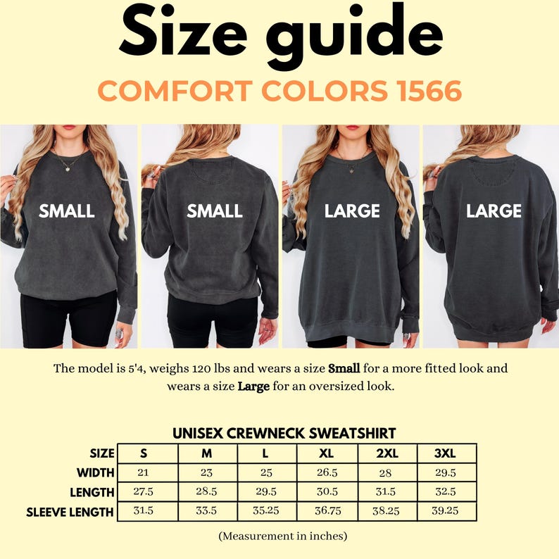 Puede incluir: Gu&iacute;a de tallas para una sudadera unisex de cuello redondo. La imagen muestra modelos que usan tallas Small y Large. La tabla de tallas proporciona medidas en pulgadas para el ancho, el largo y el largo de la manga, de la S a la 3XL.